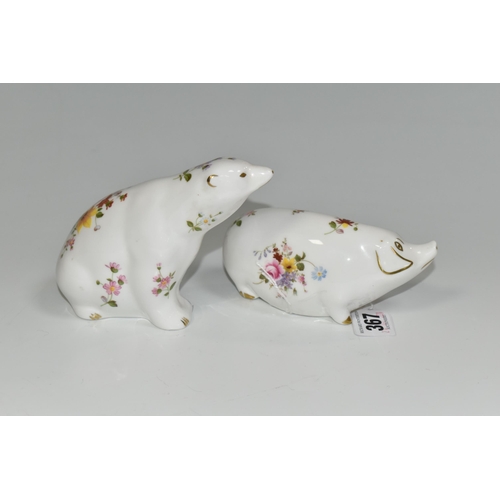 367 - TWO ROYAL CROWN DERBY 'DERBY POSIES' PATTERN PAPERWEIGHTS, comprising a Derby Posies Polar Bear, gol... 