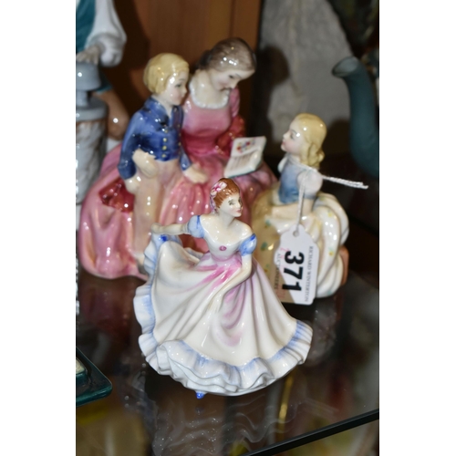 371 - A GROUP OF THREE ROYAL DOULTON FIGURES, comprising 'Bedtime' HN2059 figural group (cracked base), 'T... 