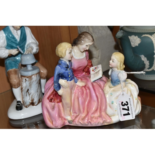 371 - A GROUP OF THREE ROYAL DOULTON FIGURES, comprising 'Bedtime' HN2059 figural group (cracked base), 'T... 