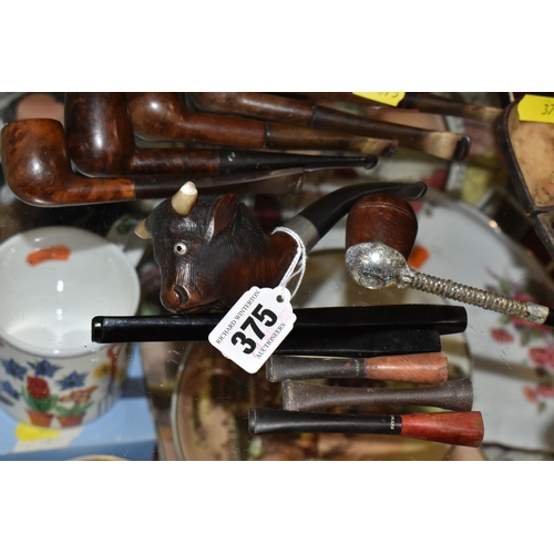 375 - A COLLECTION OF TOBACCO PIPES AND CHEROOT HOLDERS, comprising two brown leather cigar cases, two box... 