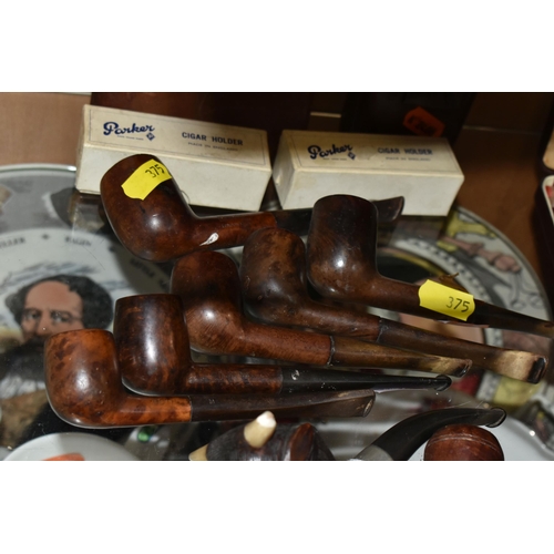 375 - A COLLECTION OF TOBACCO PIPES AND CHEROOT HOLDERS, comprising two brown leather cigar cases, two box... 