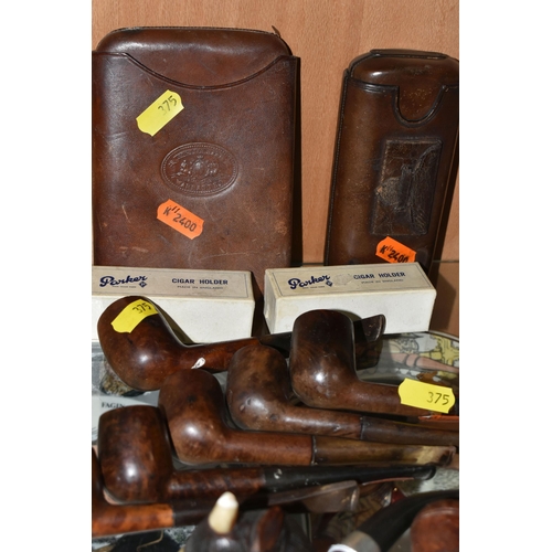 375 - A COLLECTION OF TOBACCO PIPES AND CHEROOT HOLDERS, comprising two brown leather cigar cases, two box... 