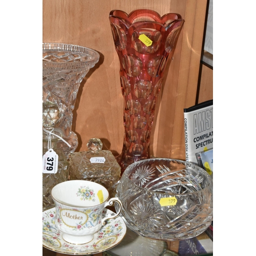 379 - A GROUP OF VICTORIAN CUT CRYSTAL AND CERAMICS, to include a Royal Albert 'Memories' pattern tennis s... 