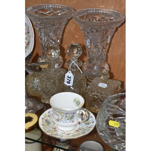 379 - A GROUP OF VICTORIAN CUT CRYSTAL AND CERAMICS, to include a Royal Albert 'Memories' pattern tennis s... 