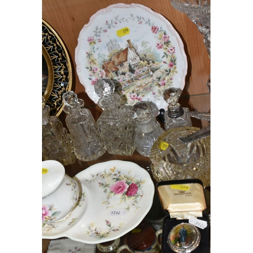 379 - A GROUP OF VICTORIAN CUT CRYSTAL AND CERAMICS, to include a Royal Albert 'Memories' pattern tennis s... 