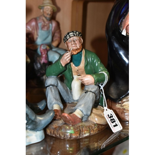 381 - A GROUP OF FIVE ROYAL DOULTON FIGURES, comprising 'A Good Catch' HN2258, 'The Wayfarer' HN2362, 'Goo... 