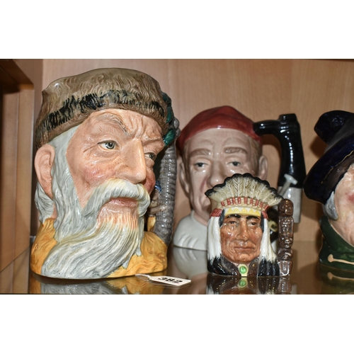 382 - A GROUP OF FIVE ROYAL DOULTON CHARACTER JUGS, comprising Bootmaker D6572, Long John Silver D6335, Ta... 