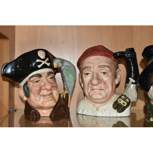 382 - A GROUP OF FIVE ROYAL DOULTON CHARACTER JUGS, comprising Bootmaker D6572, Long John Silver D6335, Ta... 