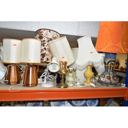 398 - A SELECTION OF 20TH CENTURY LAMPS  WITH LAMPSHADES IN A VARIETY OF STYLES, including two 'Lancroft' ... 