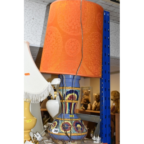 398 - A SELECTION OF 20TH CENTURY LAMPS  WITH LAMPSHADES IN A VARIETY OF STYLES, including two 'Lancroft' ... 