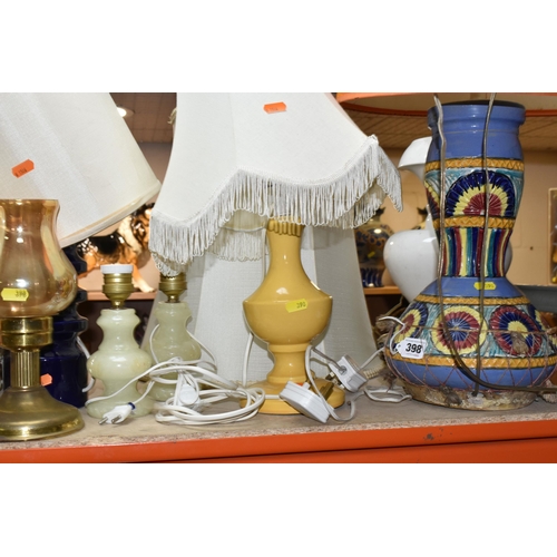 398 - A SELECTION OF 20TH CENTURY LAMPS  WITH LAMPSHADES IN A VARIETY OF STYLES, including two 'Lancroft' ... 