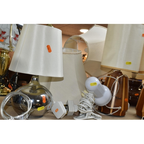 398 - A SELECTION OF 20TH CENTURY LAMPS  WITH LAMPSHADES IN A VARIETY OF STYLES, including two 'Lancroft' ... 