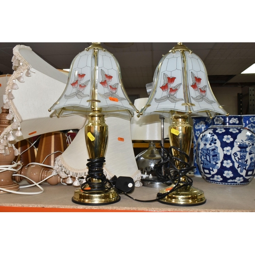 398 - A SELECTION OF 20TH CENTURY LAMPS  WITH LAMPSHADES IN A VARIETY OF STYLES, including two 'Lancroft' ... 