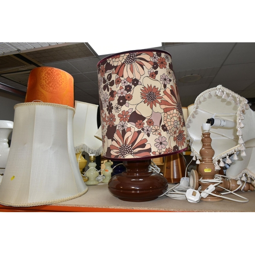 398 - A SELECTION OF 20TH CENTURY LAMPS  WITH LAMPSHADES IN A VARIETY OF STYLES, including two 'Lancroft' ... 