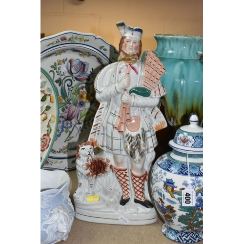 400 - A GROUP OF LARGE ORNAMENTS, comprising a Staffordshire Highlander porcelain figure, height 41 cm, a ... 