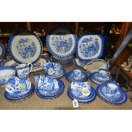 401 - A VARIETY OF SPODE COPELAND 'MANDARIN BLUE WILLOW, DINNERWARE, including six tea cups and six saucer... 