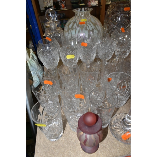 402 - A LARGE SELECTION OF GLASSWARE INCLUDING A WATERFORD CRYSTAL CLOCK, TOGETHER WITH A VARIETY OF THOMA... 