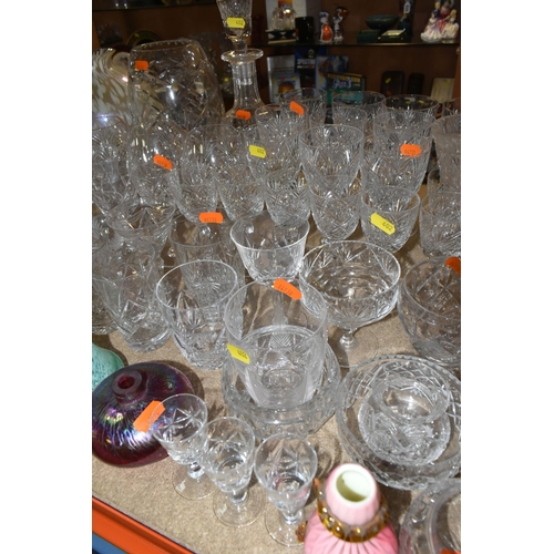 402 - A LARGE SELECTION OF GLASSWARE INCLUDING A WATERFORD CRYSTAL CLOCK, TOGETHER WITH A VARIETY OF THOMA... 