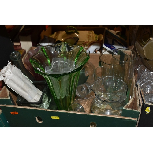 403 - FIVE BOXES OF MIXED CERAMICS AND GLASSWARE INCLUDING  VINTAGE TEST TUBES, A TORPEDO BOTTLE, a stonew... 