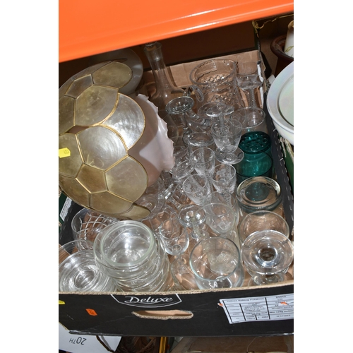 403 - FIVE BOXES OF MIXED CERAMICS AND GLASSWARE INCLUDING  VINTAGE TEST TUBES, A TORPEDO BOTTLE, a stonew... 