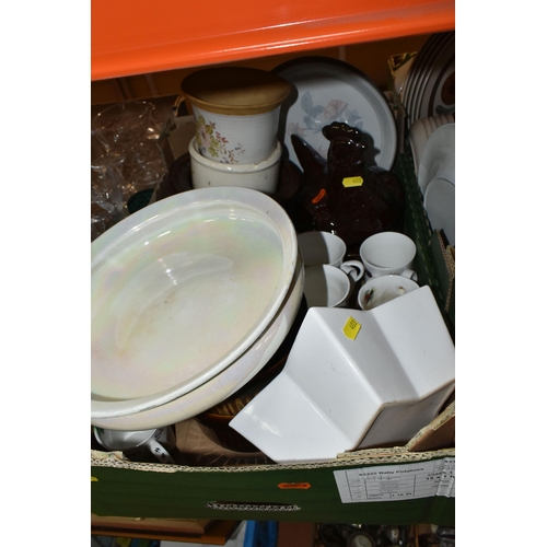 403 - FIVE BOXES OF MIXED CERAMICS AND GLASSWARE INCLUDING  VINTAGE TEST TUBES, A TORPEDO BOTTLE, a stonew... 