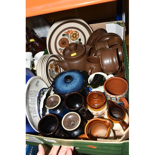 403 - FIVE BOXES OF MIXED CERAMICS AND GLASSWARE INCLUDING  VINTAGE TEST TUBES, A TORPEDO BOTTLE, a stonew... 