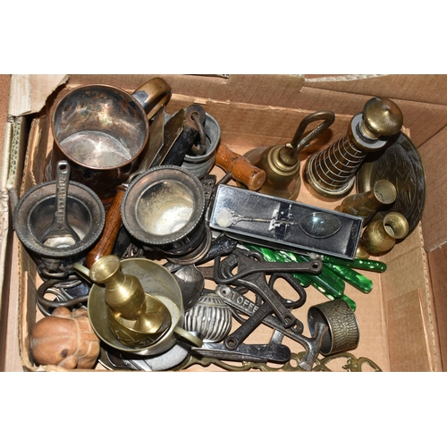 405 - ONE BOX, ONE BOWL, AND TWO BASKETS OF MIXED ORNAMENTS INCLUDING THREE FOSSILISED ORTHACERAS PLAQUES,... 