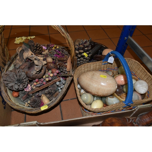 405 - ONE BOX, ONE BOWL, AND TWO BASKETS OF MIXED ORNAMENTS INCLUDING THREE FOSSILISED ORTHACERAS PLAQUES,... 