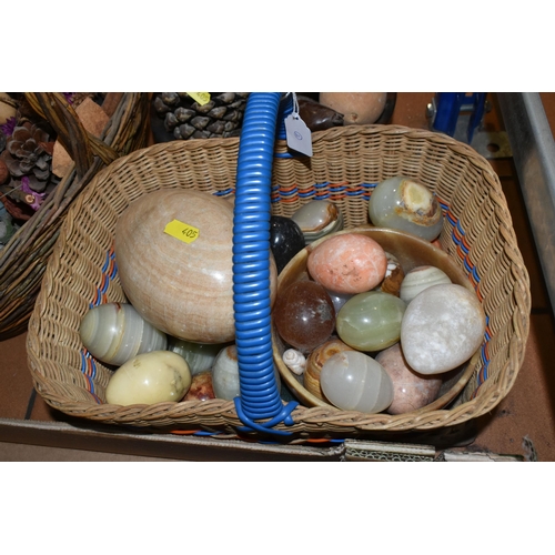 405 - ONE BOX, ONE BOWL, AND TWO BASKETS OF MIXED ORNAMENTS INCLUDING THREE FOSSILISED ORTHACERAS PLAQUES,... 