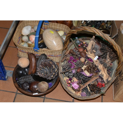 405 - ONE BOX, ONE BOWL, AND TWO BASKETS OF MIXED ORNAMENTS INCLUDING THREE FOSSILISED ORTHACERAS PLAQUES,... 