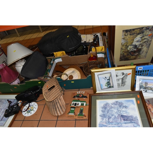 406 - SIX BOXES AND LOOSE SUNDRIES including 'Shakespeare' fishing reels and assorted supplies in a vintag... 