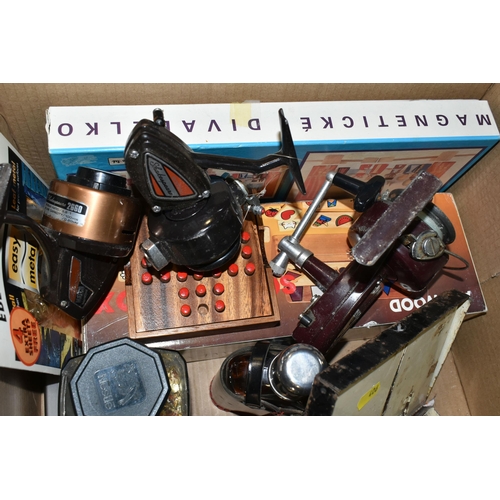 406 - SIX BOXES AND LOOSE SUNDRIES including 'Shakespeare' fishing reels and assorted supplies in a vintag... 