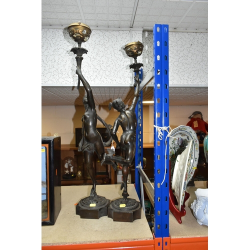 407 - A PAIR OF BRONZE LAMPS DEPICTING GREEK DEITIES, 81cm including brass attachment in early 20th centur... 