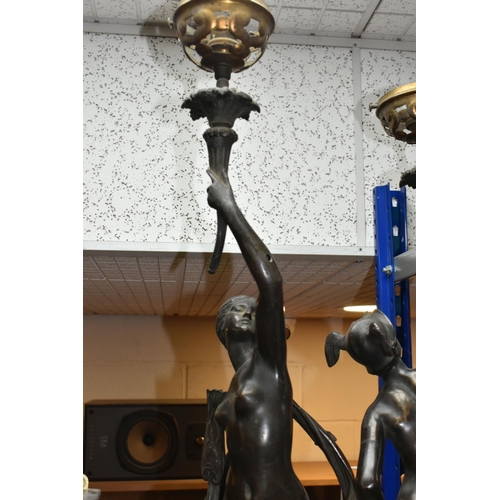 407 - A PAIR OF BRONZE LAMPS DEPICTING GREEK DEITIES, 81cm including brass attachment in early 20th centur... 