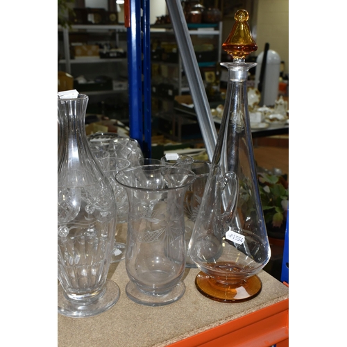 411 - A LARGE VARIETY OF CRYSTAL CUT DECANTERS, GLASSES, ETC, including two 'Royal Brierley' vases and a d... 