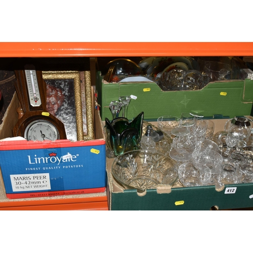 412 - THREE BOXES OF VINTAGE GLASSWARE AND DECORATIONS including vintage atomiser, a pair of Royal Doulton... 