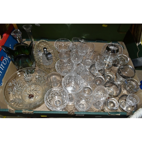 412 - THREE BOXES OF VINTAGE GLASSWARE AND DECORATIONS including vintage atomiser, a pair of Royal Doulton... 