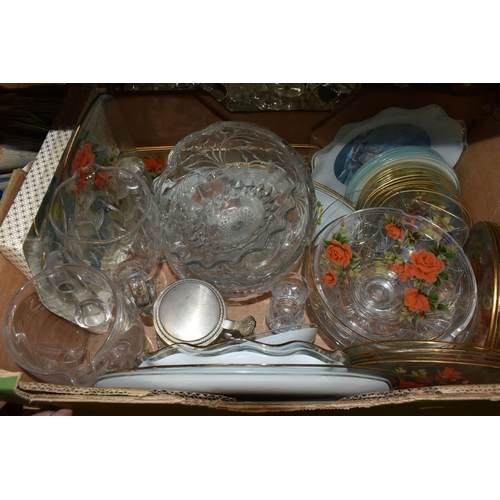 412 - THREE BOXES OF VINTAGE GLASSWARE AND DECORATIONS including vintage atomiser, a pair of Royal Doulton... 