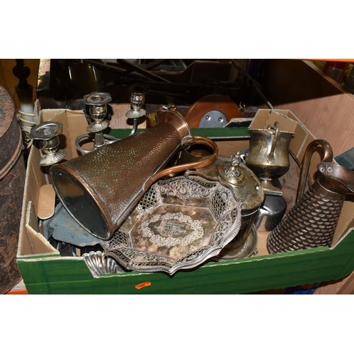 413 - TWO BOXES OF METALWARE AND LAMPS, silver plated tea caddy and commemorative bowl, copper jugs, brass... 