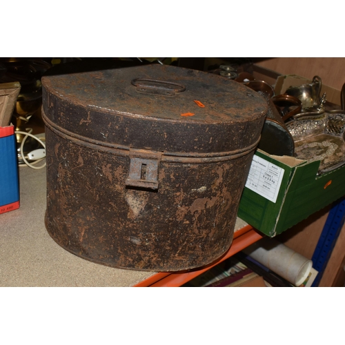 413 - TWO BOXES OF METALWARE AND LAMPS, silver plated tea caddy and commemorative bowl, copper jugs, brass... 