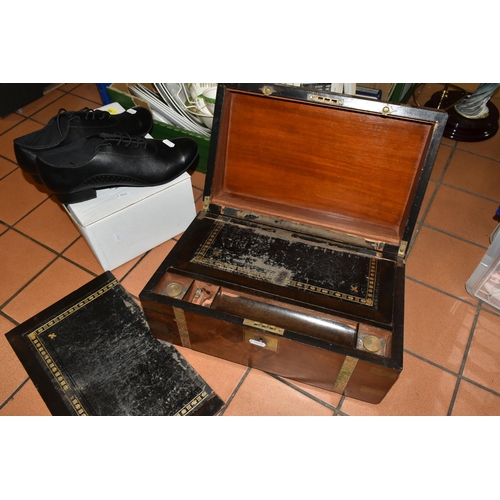 414 - TWO BOXES AND LOOSE EPHEMERA, DINNERWARE, AND GLASSWARE, including a late Victorian writing slope wi... 