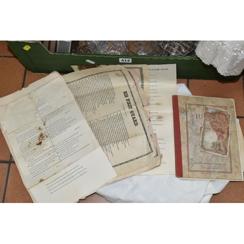 414 - TWO BOXES AND LOOSE EPHEMERA, DINNERWARE, AND GLASSWARE, including a late Victorian writing slope wi... 