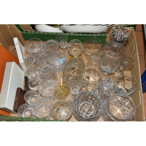 414 - TWO BOXES AND LOOSE EPHEMERA, DINNERWARE, AND GLASSWARE, including a late Victorian writing slope wi... 