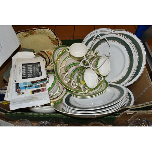 414 - TWO BOXES AND LOOSE EPHEMERA, DINNERWARE, AND GLASSWARE, including a late Victorian writing slope wi... 