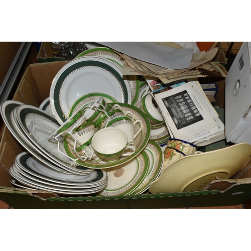 414 - TWO BOXES AND LOOSE EPHEMERA, DINNERWARE, AND GLASSWARE, including a late Victorian writing slope wi... 