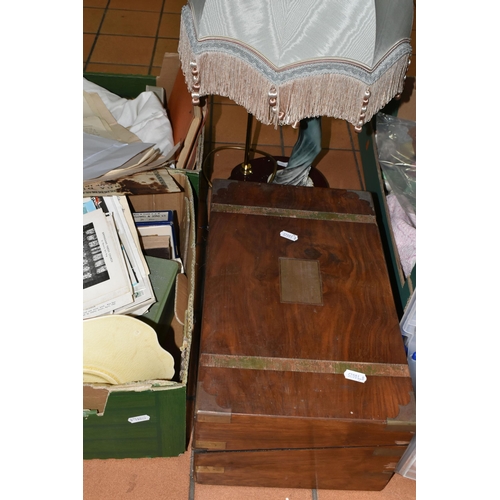 414 - TWO BOXES AND LOOSE EPHEMERA, DINNERWARE, AND GLASSWARE, including a late Victorian writing slope wi... 