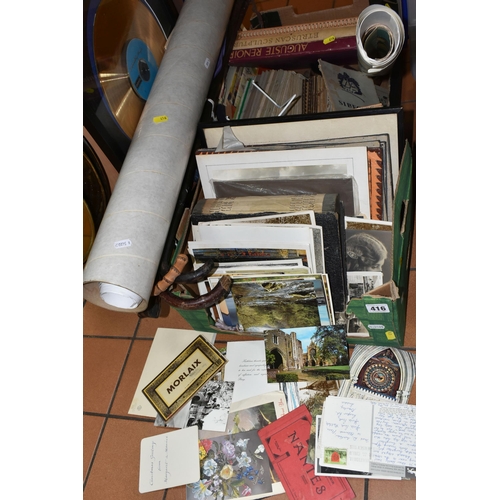 416 - TWO BOXES AND LOOSE EPHEMERA AND WALKING STICKS, including a large collection of vintage postcards (... 