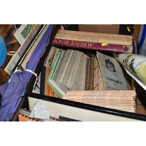 416 - TWO BOXES AND LOOSE EPHEMERA AND WALKING STICKS, including a large collection of vintage postcards (... 