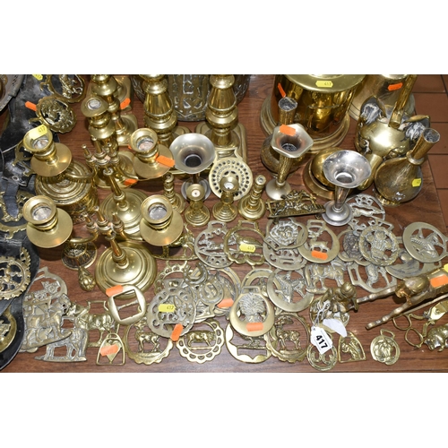 417 - A LARGE COLLECTION OF BRASSWARE INCLUDING SERVING TRAYS with Indo-Persian motifs, a large range of h... 