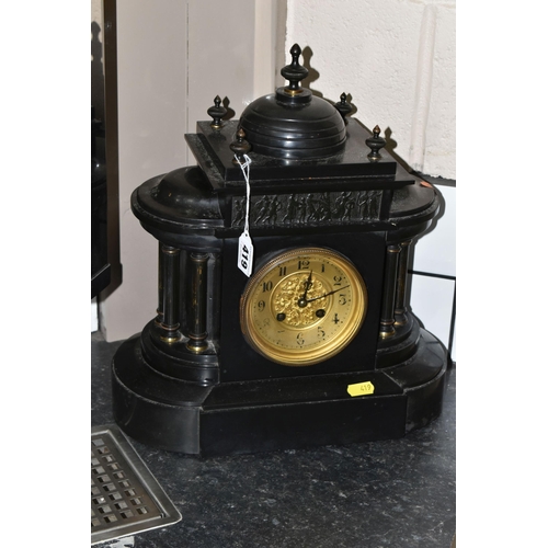 419 - A FRENCH VICTORIAN SLATE MANTEL CLOCK with Greek facade and frieze, height 38cm x width 33cm, (1) (C... 